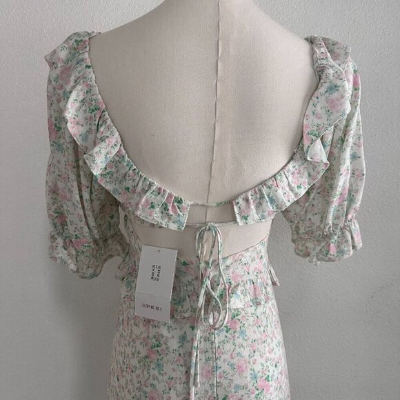 Sophie Rue by Anthropologie Puff Sleeves Back Cut Out Linen Dress S Cottagecore - Picture 5 of 11